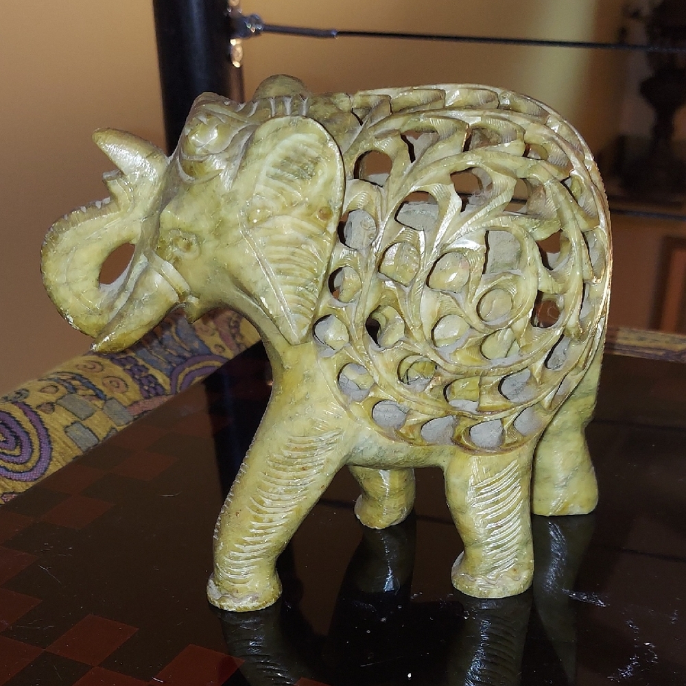 Intricately Carved Tan Soapstone Elephant Sculpture - With Baby